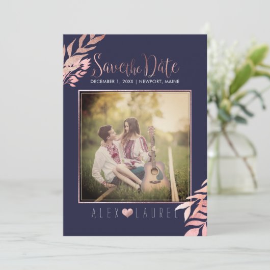 PixDezines Bewaar de datum/Faux Roos Goud Bladgroe Kaart (Staand voorkant)