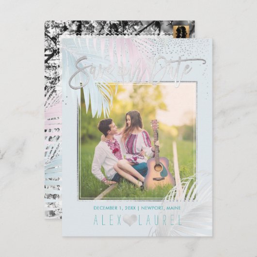 PixDezines Bewaar de datum/Palms/Platinum+Aqua Aankondigingskaart (Voorkant / Achterkant)