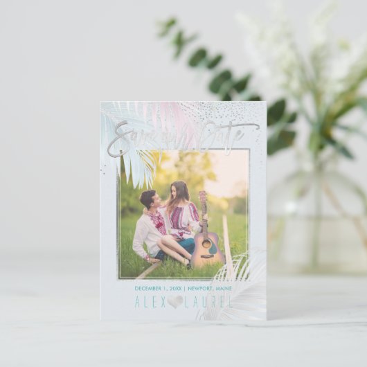 PixDezines Bewaar de datum/Palms/Platinum+Aqua Aankondigingskaart (Staand voorkant)