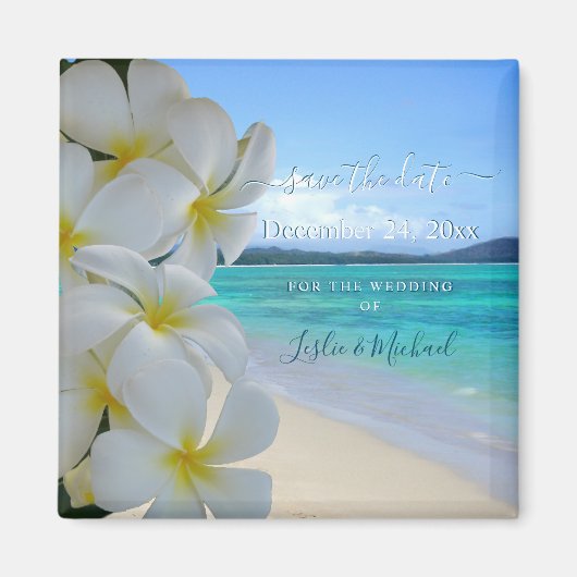 PixDezines BEWAREN DE DATUM/BEACH+PLUMERIA LEI Magneet (Voorkant)