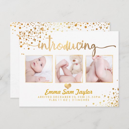 PixDezines Birth Announcement/Dazzled Faux Gold Aankondigingskaart (Voorkant / Achterkant)