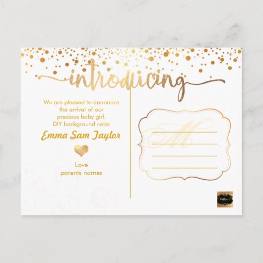 PixDezines Birth Announcement/Dazzled Faux Gold Aankondigingskaart (Achterkant)