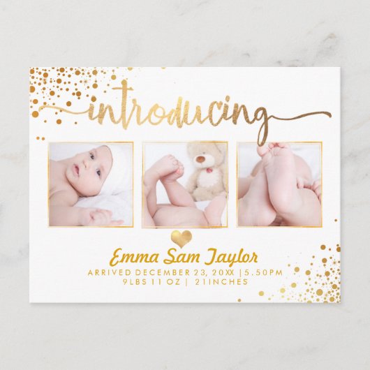 PixDezines Birth Announcement/Dazzled Faux Gold Aankondigingskaart (Voorkant)