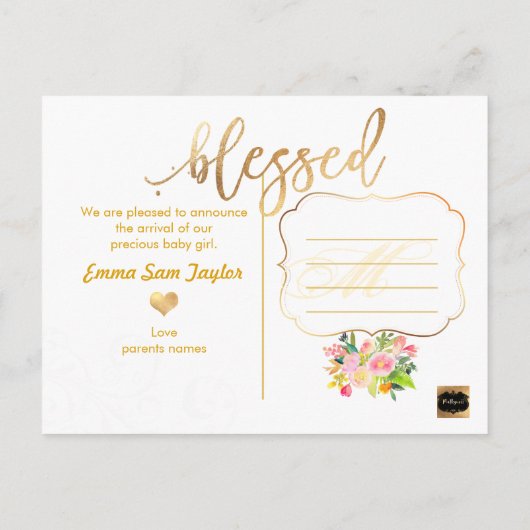 PixDezines Birth Announcement/Floral Waterverf Aankondigingskaart (Achterkant)