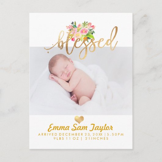 PixDezines Birth Announcement/Floral Waterverf Aankondigingskaart (Voorkant)