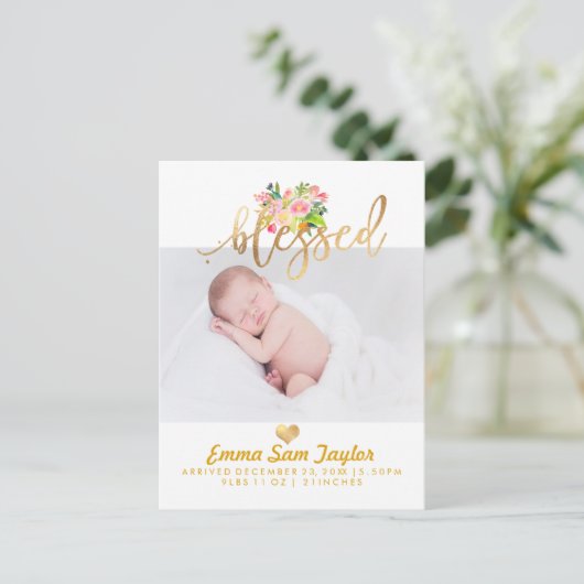 PixDezines Birth Announcement/Floral Waterverf Aankondigingskaart (Staand voorkant)