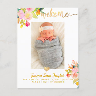 PixDezines Birth Announcement/Floral Waterverf Aankondigingskaart