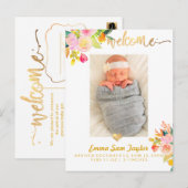PixDezines Birth Announcement/Floral Waterverf Aankondigingskaart (Voorkant / Achterkant)