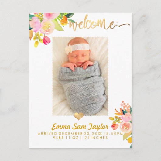 PixDezines Birth Announcement/Floral Waterverf Aankondigingskaart (Voorkant)