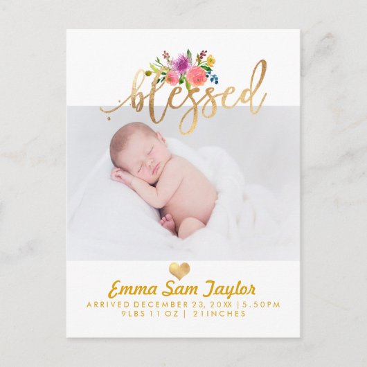 PixDezines Birth Announcement/Floral Waterverf Aankondigingskaart (Voorkant)