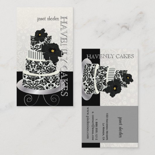 PixDezines Black+White damask cake/pâtisserie Visitekaartje (Voorkant / Achterkant)