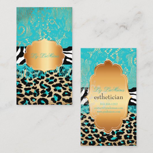 PixDezines blauw  kant+luipaard+zebra Visitekaartje (Voorkant / Achterkant)