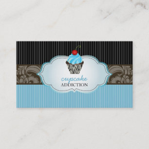 PixDezines blauwe bes krullen cupcake+pinstripes Visitekaartje