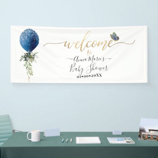 PixDezines Blauwe Glitter Ballon Elk Evenement Wel Spandoek (Beurs)