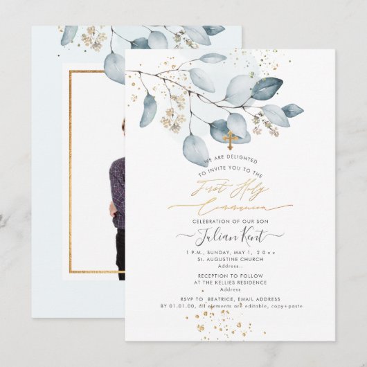 PixDezines Blauwe Gom Eucalyptus 1e Heilige Commun Kaart (Voorkant / Achterkant)