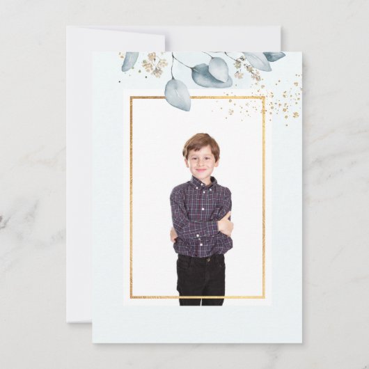 PixDezines Blauwe Gom Eucalyptus 1e Heilige Commun Kaart (Achterkant)