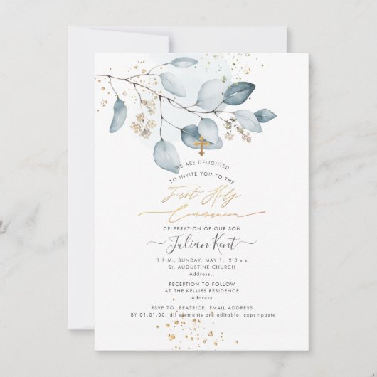 PixDezines Blauwe Gom Eucalyptus 1e Heilige Commun Kaart (Voorkant)