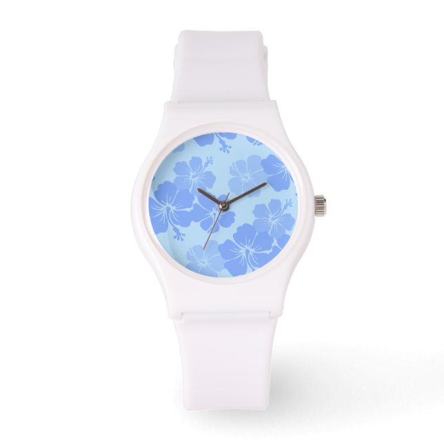 PixDezines blauwe hibiscus/diy achtergrond Horloge (Voorkant)