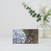 PixDezines blauwe hortensia's, bloemisten/houten p Visitekaartje (Staand voorkant)