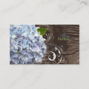 PixDezines blauwe hortensia's, bloemisten/houten p Visitekaartje
