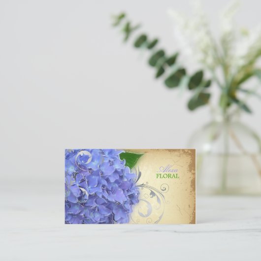 PixDezines blauwe hortensia's, bloemisten/ Visitekaartje (Staand voorkant)