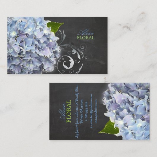 PixDezines blauwe hydrangeas, bloemisten/krijt Visitekaartje (Voorkant / Achterkant)