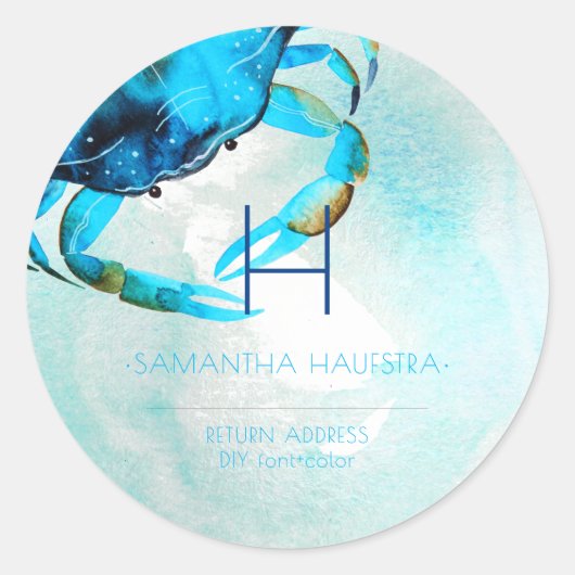 PixDezines Blauwe krab Monogram Strand Ronde Sticker (Voorkant)