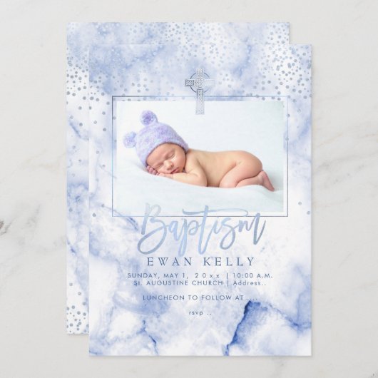 PixDezines Blauwe Marmer+Confetti/Doop Kaart (Voorkant / Achterkant)