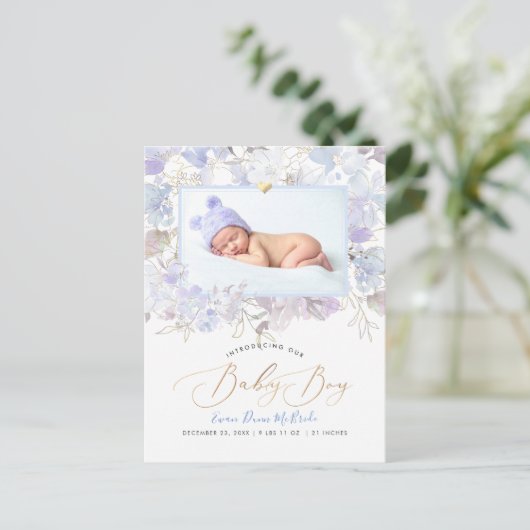 PixDezines Blauwe Waterverf bloemen Boy Birth Briefkaart (Staand voorkant)
