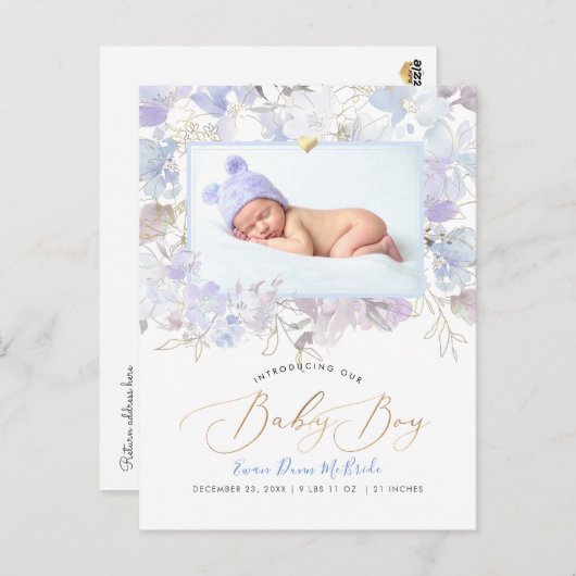 PixDezines Blauwe Waterverf bloemen Boy Birth Briefkaart (Voorkant / Achterkant)