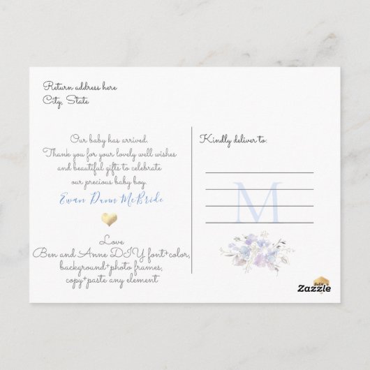 PixDezines Blauwe Waterverf bloemen Boy Birth Briefkaart (Achterkant)