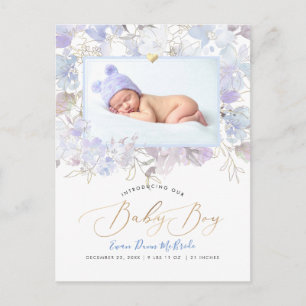 PixDezines Blauwe Waterverf bloemen Boy Birth Briefkaart