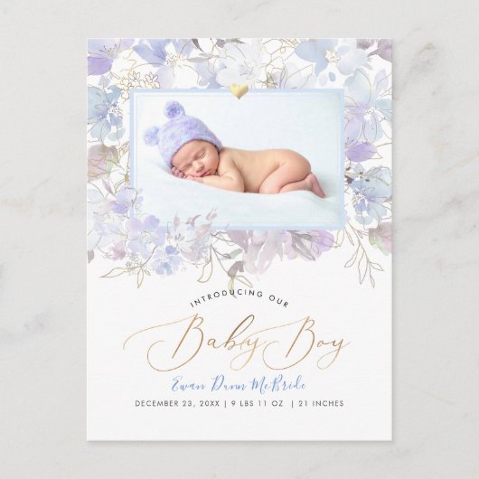 PixDezines Blauwe Waterverf bloemen Boy Birth Briefkaart (Voorkant)