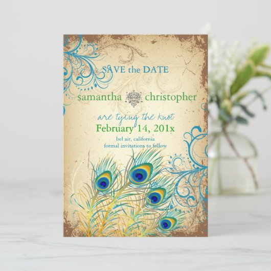 PixDezines blauwgroen pauw Save The Date (Staand voorkant)