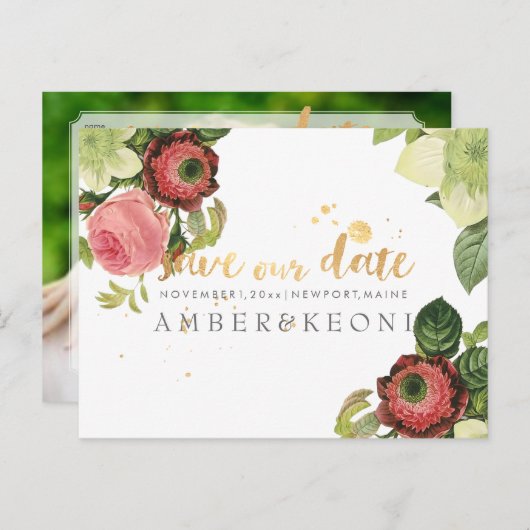 PixDezines  bloemen opslaan de datum foto Aankondigingskaart (Voorkant / Achterkant)