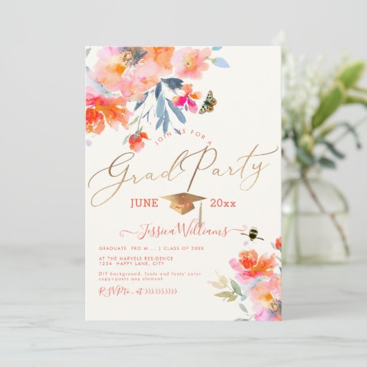 PixDezines Bloemen Waterverf Afstudeerfeest Kaart (Staand voorkant)