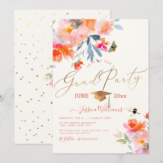 PixDezines Bloemen Waterverf Afstudeerfeest Kaart (Voorkant / Achterkant)