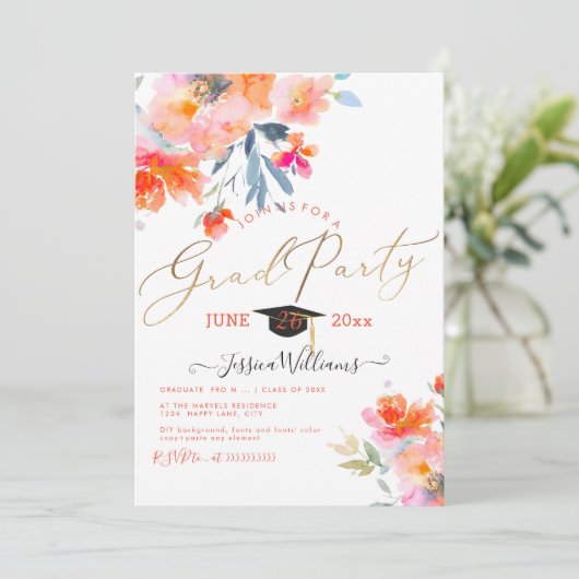 PixDezines Bloemen Waterverf Afstudeerfeest Kaart (Staand voorkant)