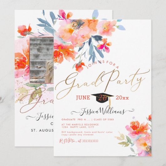 PixDezines Bloemen Waterverf Afstudeerfeest Kaart (Voorkant / Achterkant)