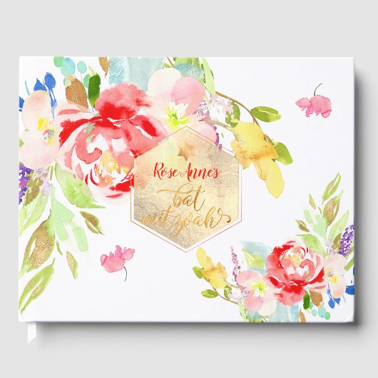 PixDezines Bloemen Waterverf Bat Mitzvah, Pioenen Gastenboek (Voorkant)