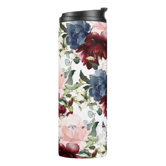 PixDezines Bloemen Waterverf Blush Bourgogne Navy Thermosbeker (Gedraaid links)