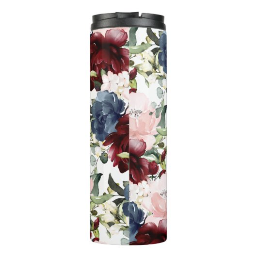 PixDezines Bloemen Waterverf Blush Bourgogne Navy Thermosbeker (Achterkant)