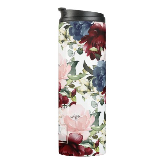 PixDezines Bloemen Waterverf Blush Bourgogne Navy Thermosbeker (Geroteerd rechts)