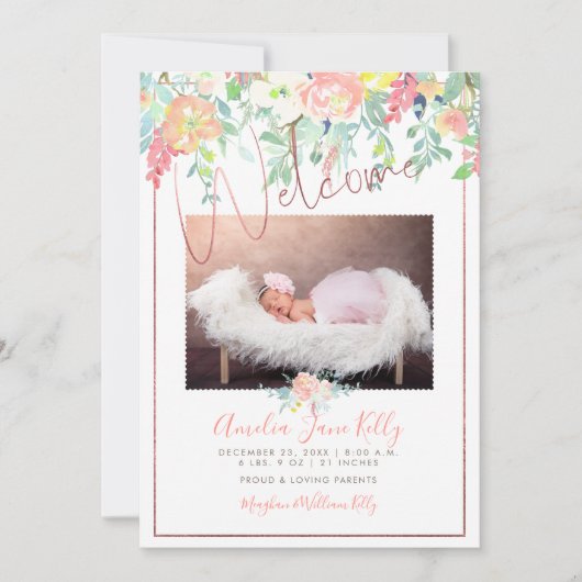 PixDezines Bloemen Waterverf Geboorte Aankondiging (Voorkant)