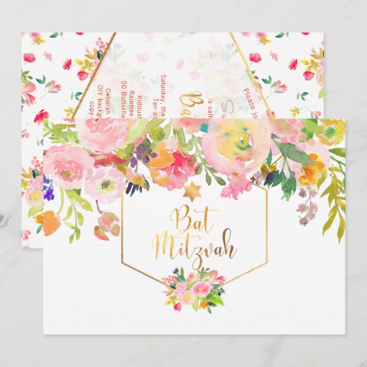 PixDezines Bloemen Waterverf/Pioenen/Bat Mitzvah Kaart (Voorkant / Achterkant)