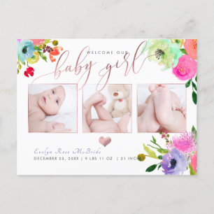 PixDezines Bloemenaquarel Babymeisje Aankondigingskaart