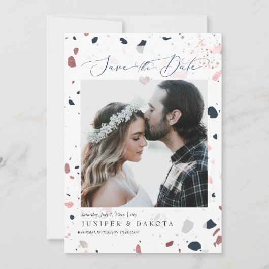 PixDezines Blue Blush Terrazzo, foto datum opslaan Kaart (Voorkant)