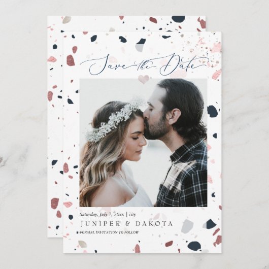 PixDezines Blue Blush Terrazzo, foto datum opslaan Kaart (Voorkant / Achterkant)