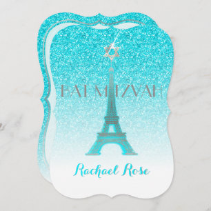 PixDezines Blue Faux Glitter Eiffel Tower/Mitzvah Kaart