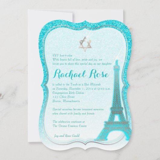 PixDezines Blue Faux Glitter Eiffeltoren/Mitswa Kaart (Achterkant)